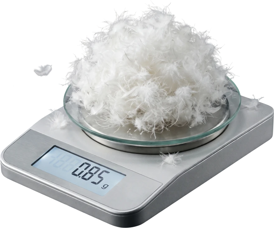 0.85g 정밀 계측 저울 위 순백색 우모 솜털 송이